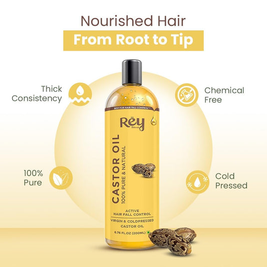 Rey Naturals Cold Pressed Castor Oil For Hair Growth - 200ml | Arandi Oil For Skin, Face & Wrinkles | Organic Castor oils For Eyebrow Growth, Eyelashes, Nails | Nourishing treatment For Women