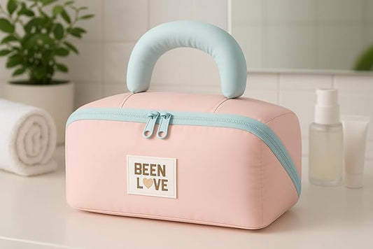 Travel Makeup Bag for Women | Portable Cosmetic Organizer with Handle & Zipper | Waterproof Toiletry Pouch for Makeup Brushes, Skincare & Accessories (Cross Open Bag, Pink) trayaguard