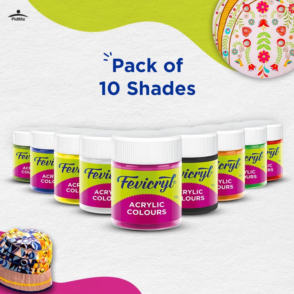 Fevicryl Acrylic Colours Sunflower Kit | 10 Colours x 15 ml | DIY Paint, Rich Pigment | Multicolour & Multi-surface | Non-Cracking Paint for Canvas, Wood, Leather, Earthenware, Metal
