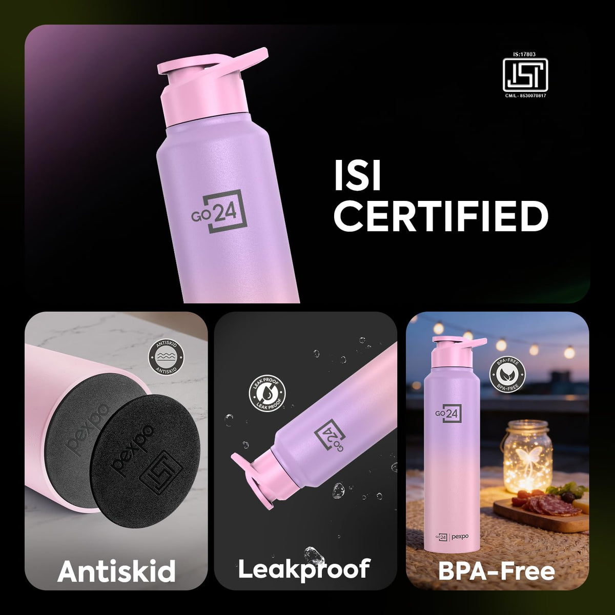 Water Bottle 1 ltr Stainless Steel Sports/Fridge Bottle with Sipper Cap | 1-Year Warranty | Single Wall | For Home, Office, Gym, Travelling|Lightweight| Craft Pro 950ml | Pink-Purple Ombre trayaguard