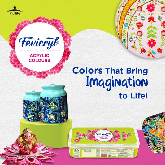 Fevicryl Acrylic Colours Sunflower Kit | 10 Colours x 15 ml | DIY Paint, Rich Pigment | Multicolour & Multi-surface | Non-Cracking Paint for Canvas, Wood, Leather, Earthenware, Metal trayaguard