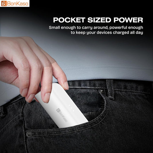 BonKaso 5000mAh Mini Power Bank 15W PD Fast Charging, Built-in Type-C & i5 Cable, USB-C Input/Output, LED Indicator, Mobile Stand, Compact Pocket Portable Charger for iPhone & Android – White trayaguard
