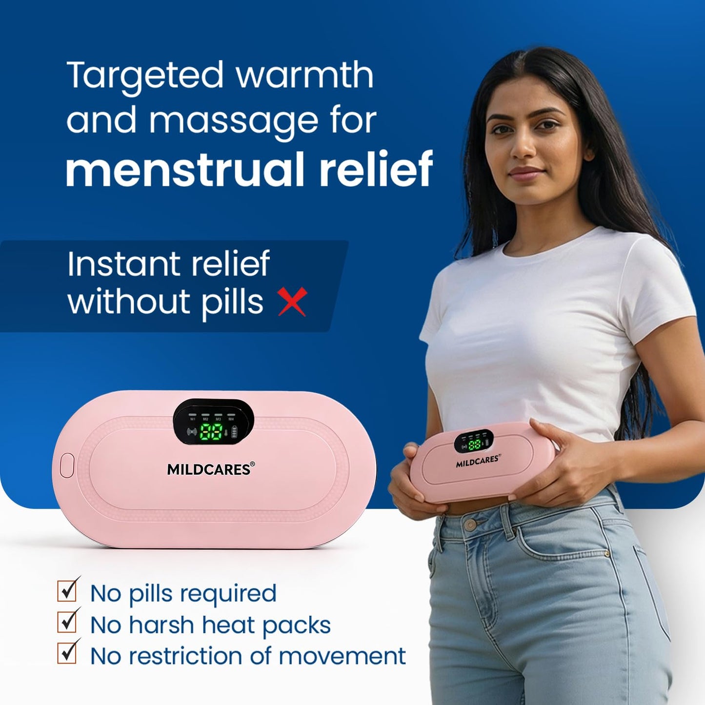 MildCares Period Cramp Massager Belt – Cordless Rechargeable Heating Pad with 3 Heat Levels & 4 Massage Modes | Portable Period Pain Relief Massager for Cramps, Back & Belly | Adjustable Belt for Women & Girls (1‑Year Warranty)