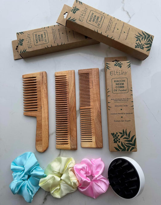 Pack Of 7 Kacchi Neem Comb, Wooden Comb | Hair Growth, Hairfall, Dandruff Control | Hair Straightening, Frizz Control | Comb for Men, Women | Treated with Oil and herbs (All Combo