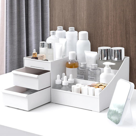 ALOXE Cosmetic Organizer Box Drawers Storage Plastic Stationary Box | Make Up Organiser for Women (White) trayaguard