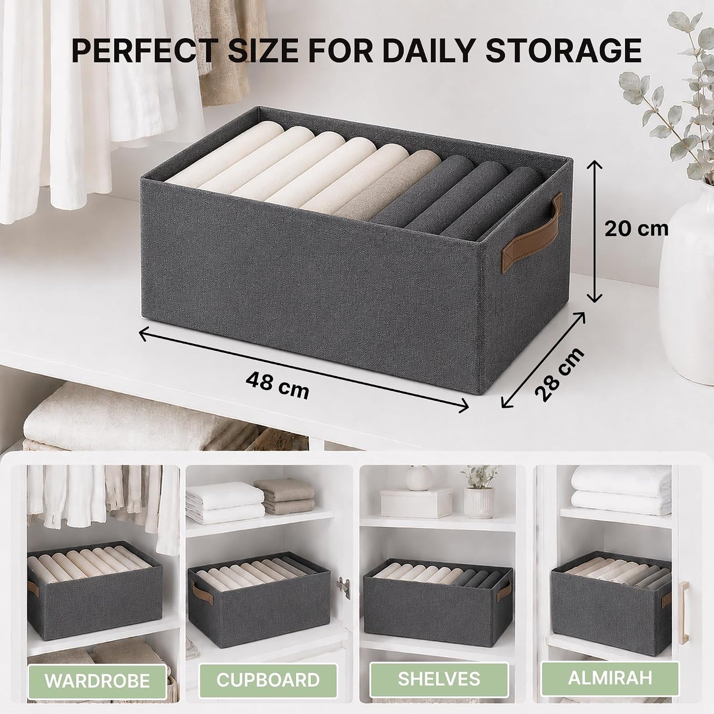 DALUCI 4 Pcs Wardrobe Organizer for Clothes - Foldable Fabric Storage Box with Metal Frame | Storage Basket for Almirah, Cupboard, Jeans & Sweaters