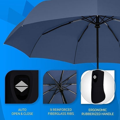 JEBISON Automatic Travel Umbrella - Stylish Windproof For Rain & Compact, Strong for Wind, Auto Open/Close Button, Travel-Friendly 3-Fold Design Perfect Umbrella for Men & Women