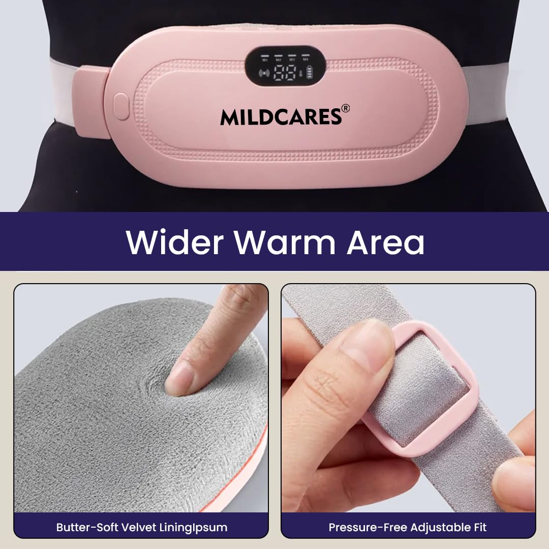 MildCares Period Cramp Massager Belt – Cordless Rechargeable Heating Pad with 3 Heat Levels & 4 Massage Modes | Portable Period Pain Relief Massager for Cramps, Back & Belly | Adjustable Belt for Women & Girls (1‑Year Warranty)