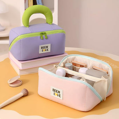 Travel Makeup Bag for Women | Portable Cosmetic Organizer with Handle & Zipper | Waterproof Toiletry Pouch for Makeup Brushes, Skincare & Accessories (Cross Open Bag, Pink)