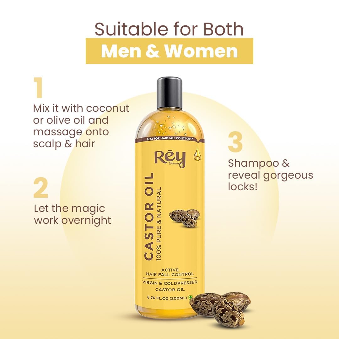 Rey Naturals Cold Pressed Castor Oil For Hair Growth - 200ml | Arandi Oil For Skin, Face & Wrinkles | Organic Castor oils For Eyebrow Growth, Eyelashes, Nails | Nourishing treatment For Women