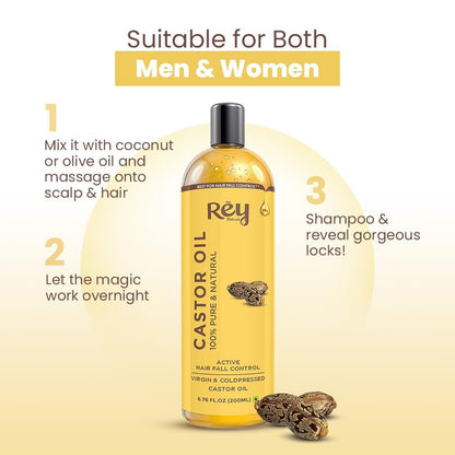 Rey Naturals Cold Pressed Castor Oil For Hair Growth - 200ml | Arandi Oil For Skin, Face & Wrinkles | Organic Castor oils For Eyebrow Growth, Eyelashes, Nails | Nourishing treatment For Women