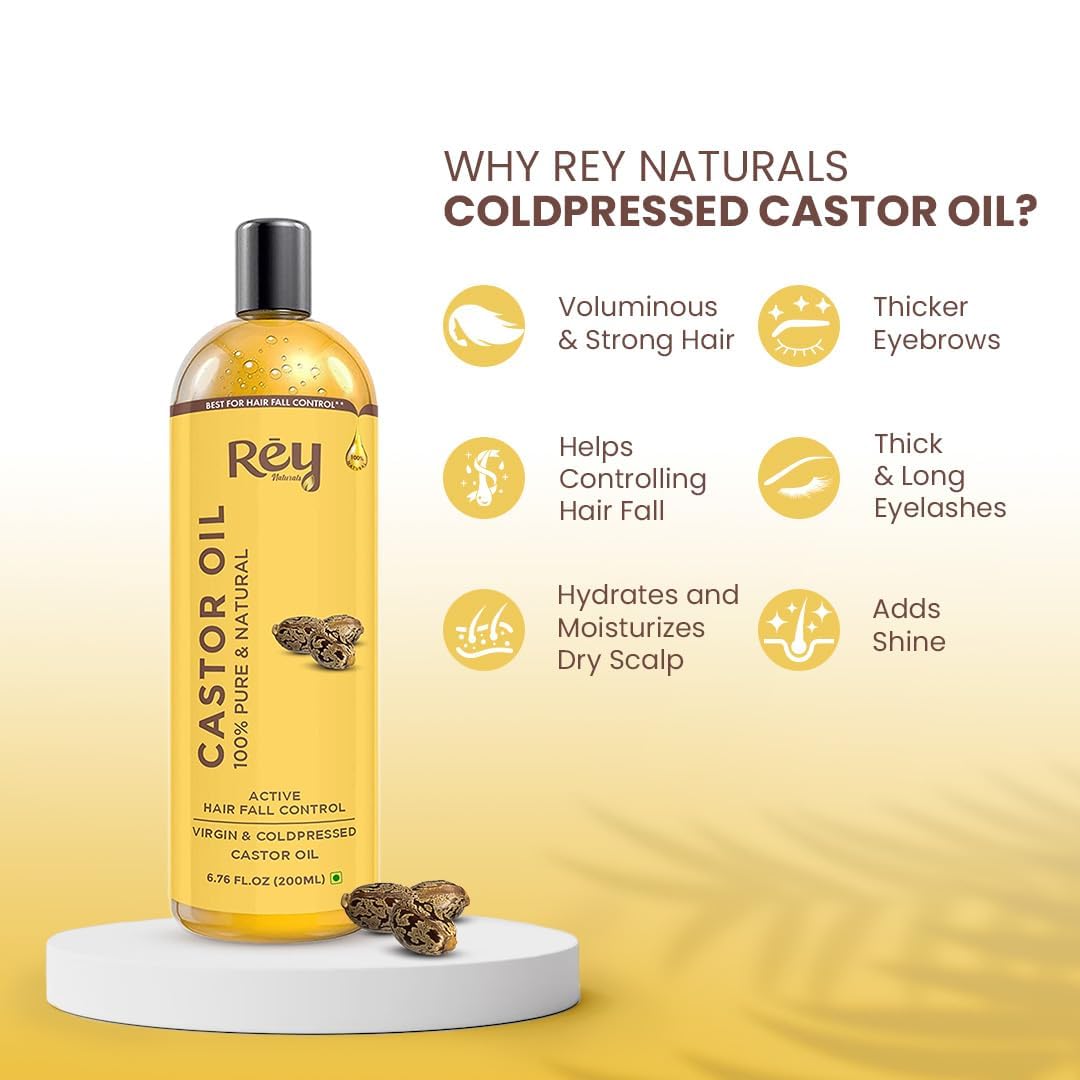 Rey Naturals Cold Pressed Castor Oil For Hair Growth - 200ml | Arandi Oil For Skin, Face & Wrinkles | Organic Castor oils For Eyebrow Growth, Eyelashes, Nails | Nourishing treatment For Women