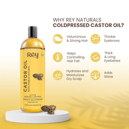 Rey Naturals Cold Pressed Castor Oil For Hair Growth - 200ml | Arandi Oil For Skin, Face & Wrinkles | Organic Castor oils For Eyebrow Growth, Eyelashes, Nails | Nourishing treatment For Women