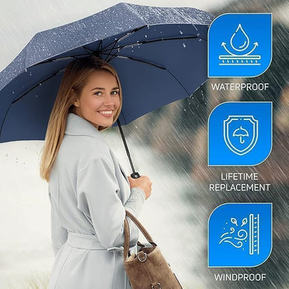 JEBISON Automatic Travel Umbrella - Stylish Windproof For Rain & Compact, Strong for Wind, Auto Open/Close Button, Travel-Friendly 3-Fold Design Perfect Umbrella for Men & Women