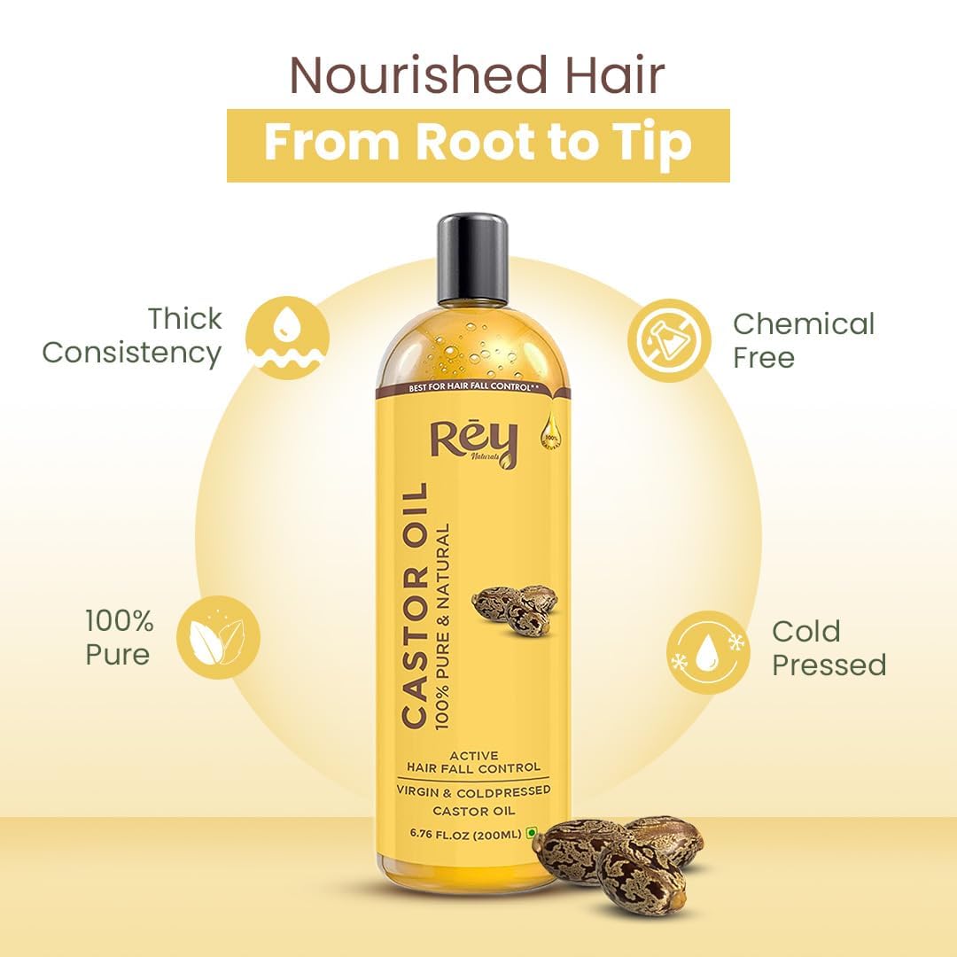 Rey Naturals Cold Pressed Castor Oil For Hair Growth - 200ml | Arandi Oil For Skin, Face & Wrinkles | Organic Castor oils For Eyebrow Growth, Eyelashes, Nails | Nourishing treatment For Women