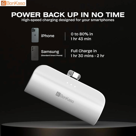 BonKaso 5000mAh Mini Power Bank 15W PD Fast Charging, Built-in Type-C & i5 Cable, USB-C Input/Output, LED Indicator, Mobile Stand, Compact Pocket Portable Charger for iPhone & Android – White
