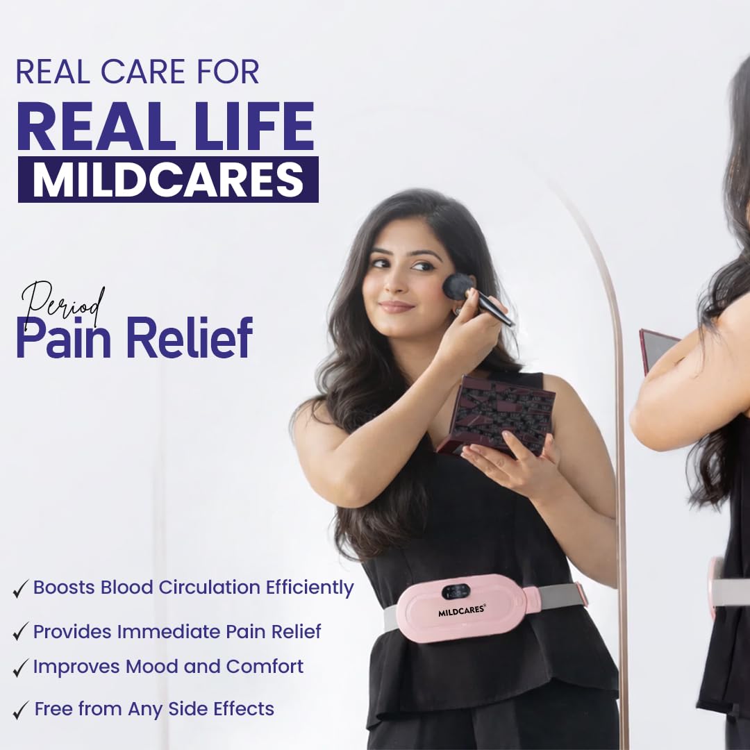MildCares Period Cramp Massager Belt – Cordless Rechargeable Heating Pad with 3 Heat Levels & 4 Massage Modes | Portable Period Pain Relief Massager for Cramps, Back & Belly | Adjustable Belt for Women & Girls (1‑Year Warranty)