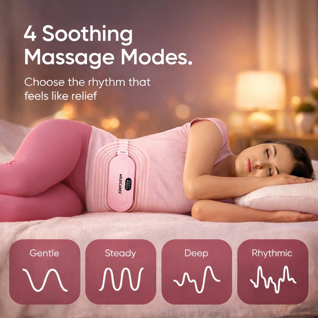 MildCares Period Cramp Massager Belt – Cordless Rechargeable Heating Pad with 3 Heat Levels & 4 Massage Modes | Portable Period Pain Relief Massager for Cramps, Back & Belly | Adjustable Belt for Women & Girls (1‑Year Warranty)