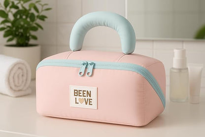 Travel Makeup Bag for Women | Portable Cosmetic Organizer with Handle & Zipper | Waterproof Toiletry Pouch for Makeup Brushes, Skincare & Accessories (Cross Open Bag, Pink)