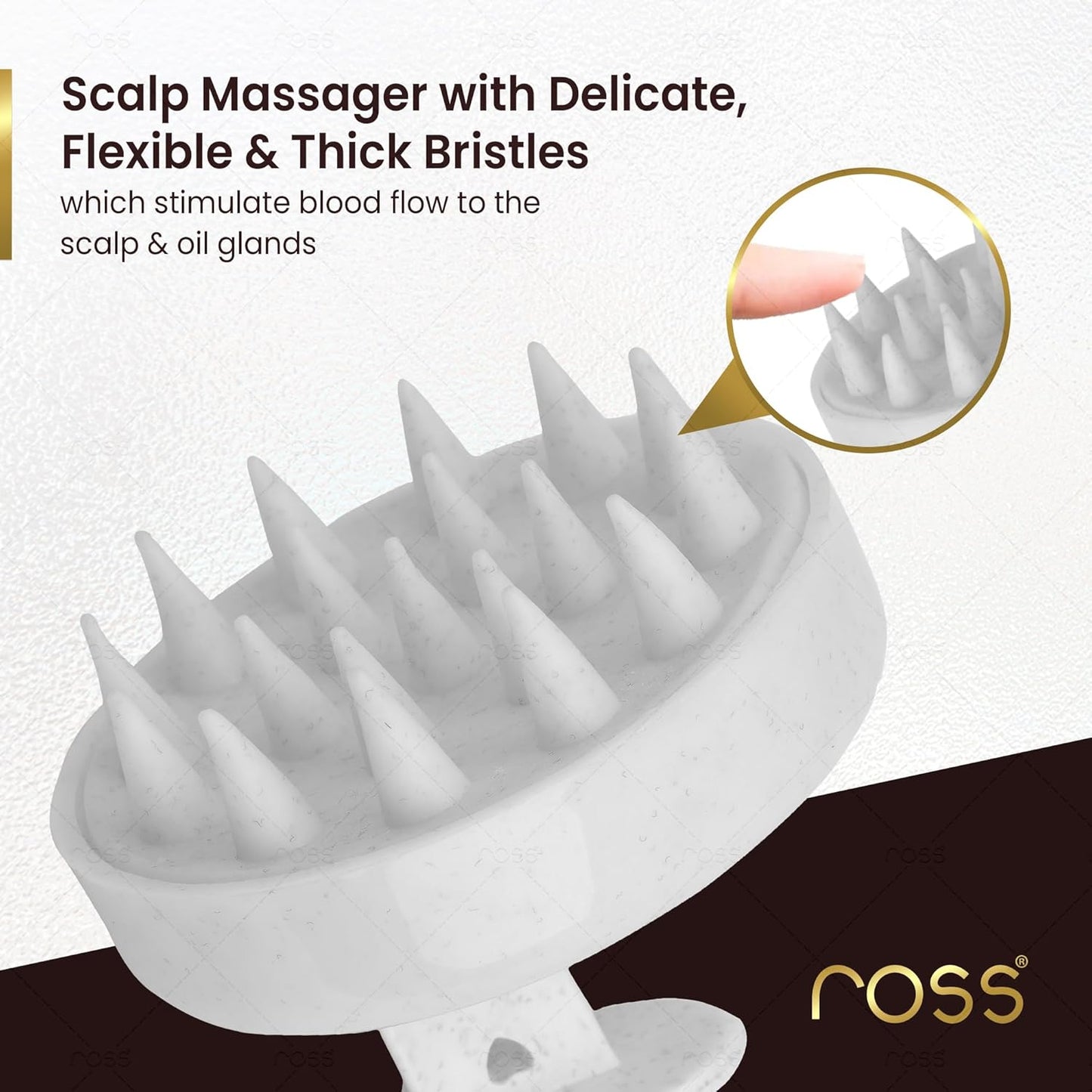 Ross Round Scalp Massager & Shampoo Brush – Soft Bristles for Gentle Scalp Care, Deep Cleaning, Dandruff Prevention, Oil Control, Relaxing Head Massage, and Enhanced Hair Wash Experience (Textured White)