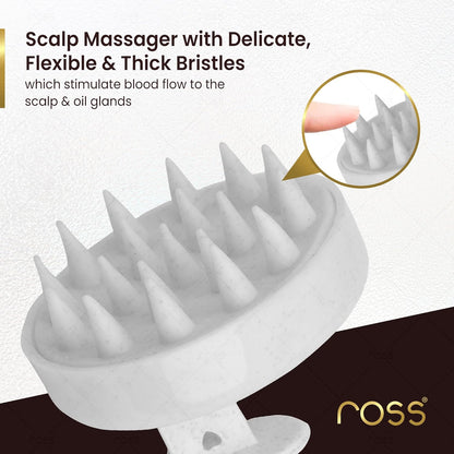Ross Round Scalp Massager & Shampoo Brush – Soft Bristles for Gentle Scalp Care, Deep Cleaning, Dandruff Prevention, Oil Control, Relaxing Head Massage, and Enhanced Hair Wash Experience (Textured White)