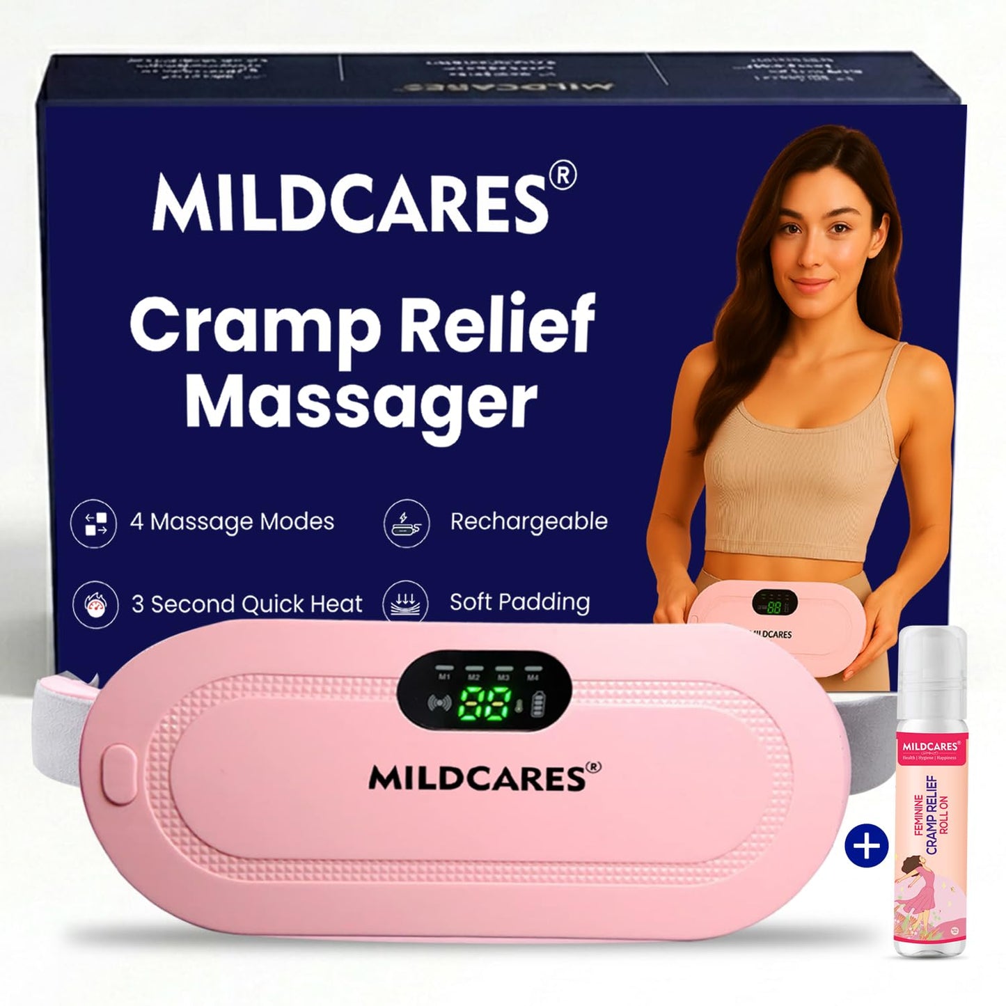 MildCares Period Cramp Massager Belt – Cordless Rechargeable Heating Pad with 3 Heat Levels & 4 Massage Modes | Portable Period Pain Relief Massager for Cramps, Back & Belly | Adjustable Belt for Women & Girls (1‑Year Warranty)