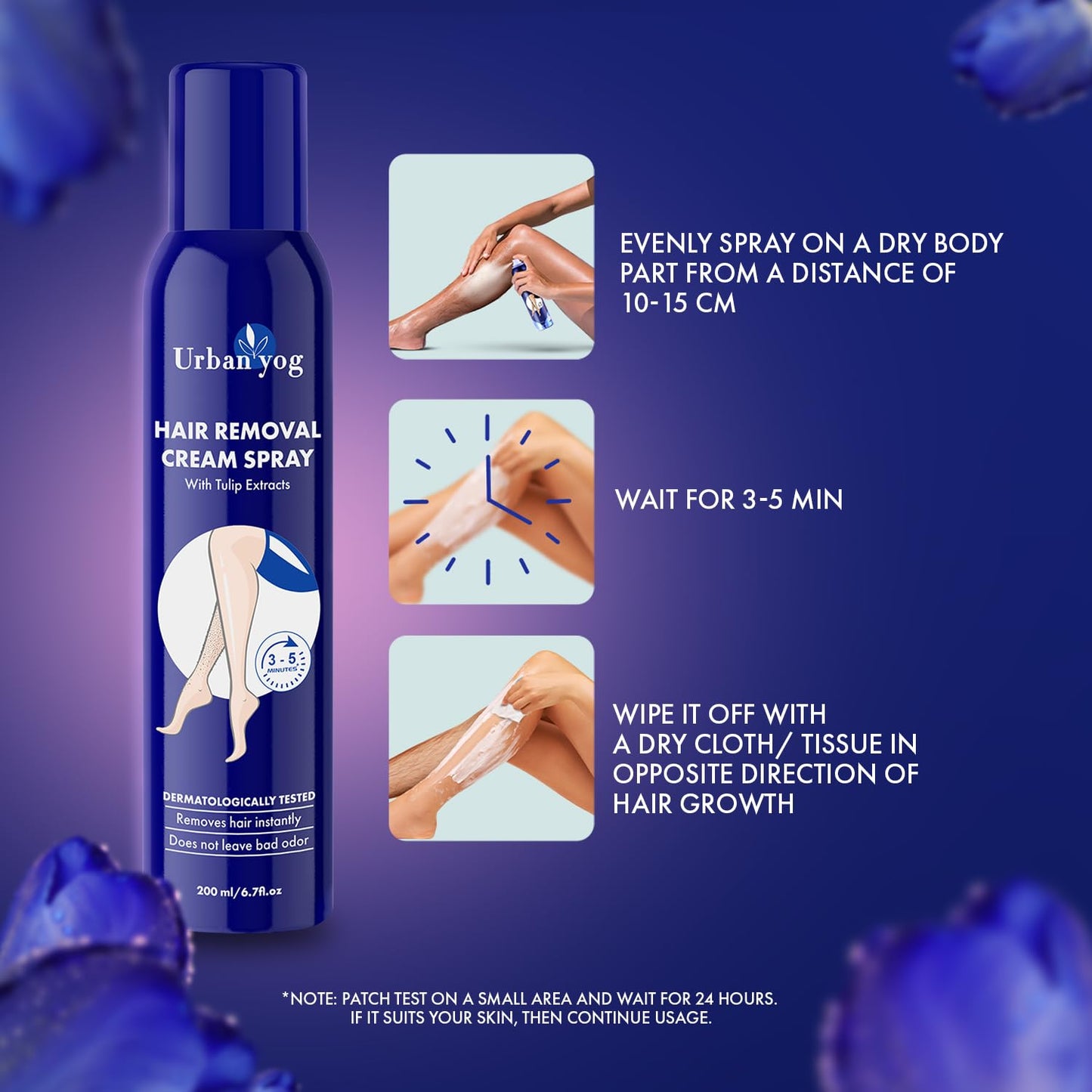 Urban yog Hair Removal Cream Spray for Women | Painless Body Hair Removal Spray for legs, hands, underarm & back (200 ML, Tulip (Blue))