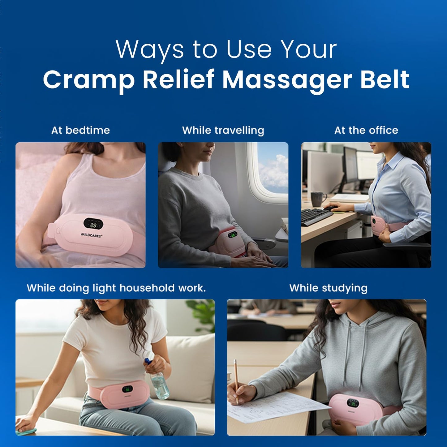 MildCares Period Cramp Massager Belt – Cordless Rechargeable Heating Pad with 3 Heat Levels & 4 Massage Modes | Portable Period Pain Relief Massager for Cramps, Back & Belly | Adjustable Belt for Women & Girls (1‑Year Warranty)