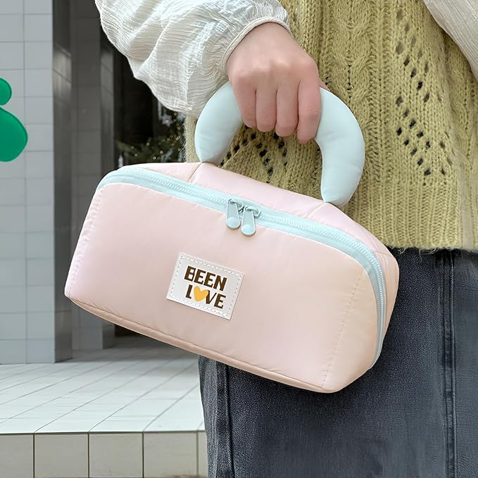Travel Makeup Bag for Women | Portable Cosmetic Organizer with Handle & Zipper | Waterproof Toiletry Pouch for Makeup Brushes, Skincare & Accessories (Cross Open Bag, Pink)