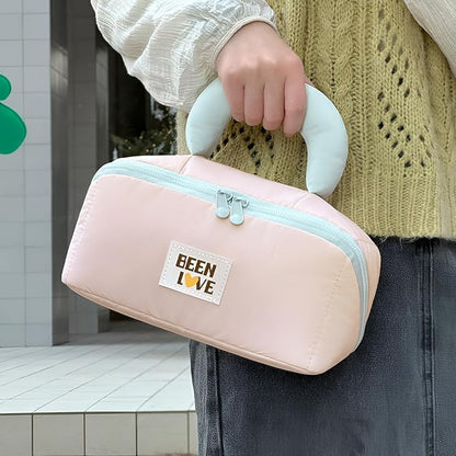 Travel Makeup Bag for Women | Portable Cosmetic Organizer with Handle & Zipper | Waterproof Toiletry Pouch for Makeup Brushes, Skincare & Accessories (Cross Open Bag, Pink)