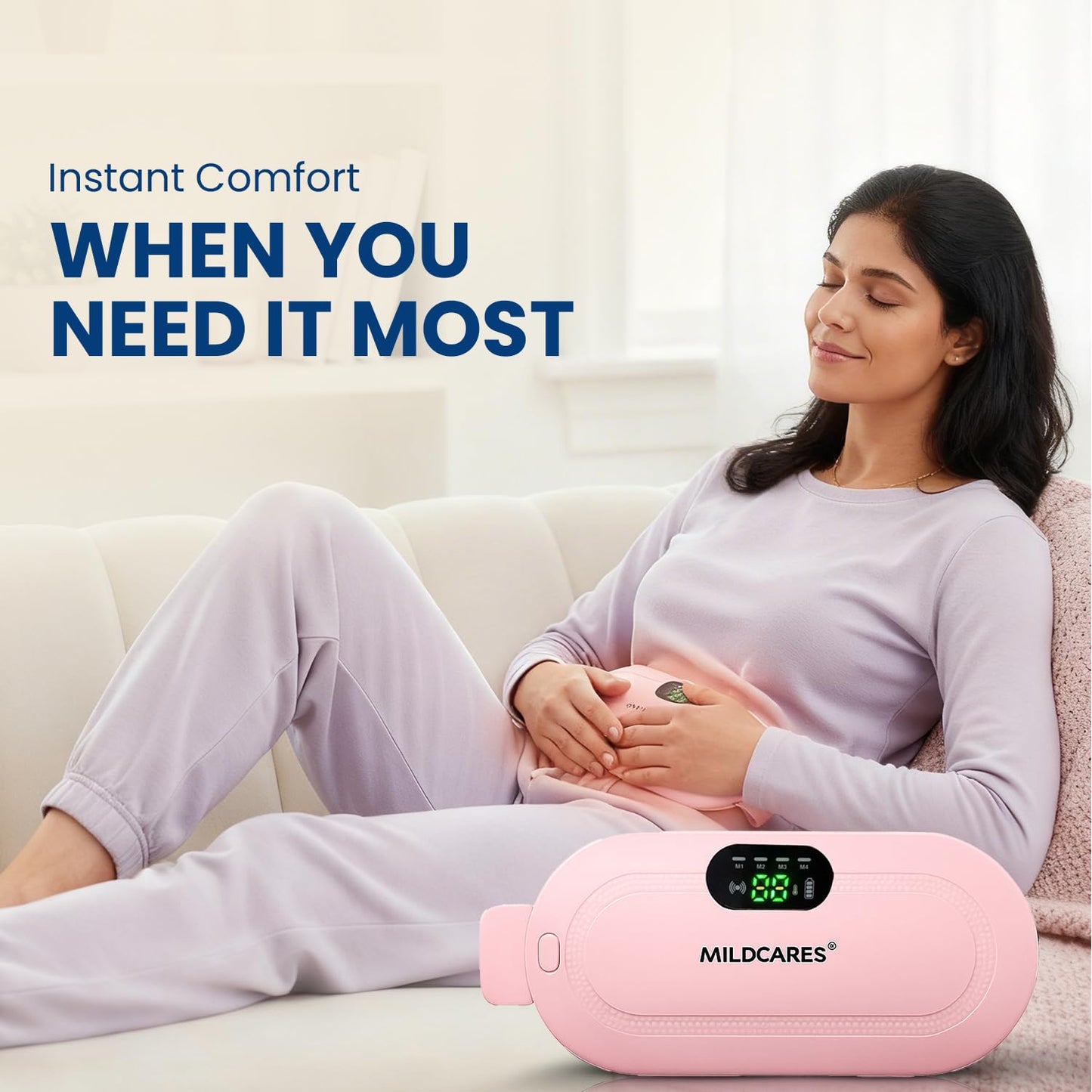 MildCares Period Cramp Massager Belt – Cordless Rechargeable Heating Pad with 3 Heat Levels & 4 Massage Modes | Portable Period Pain Relief Massager for Cramps, Back & Belly | Adjustable Belt for Women & Girls (1‑Year Warranty)