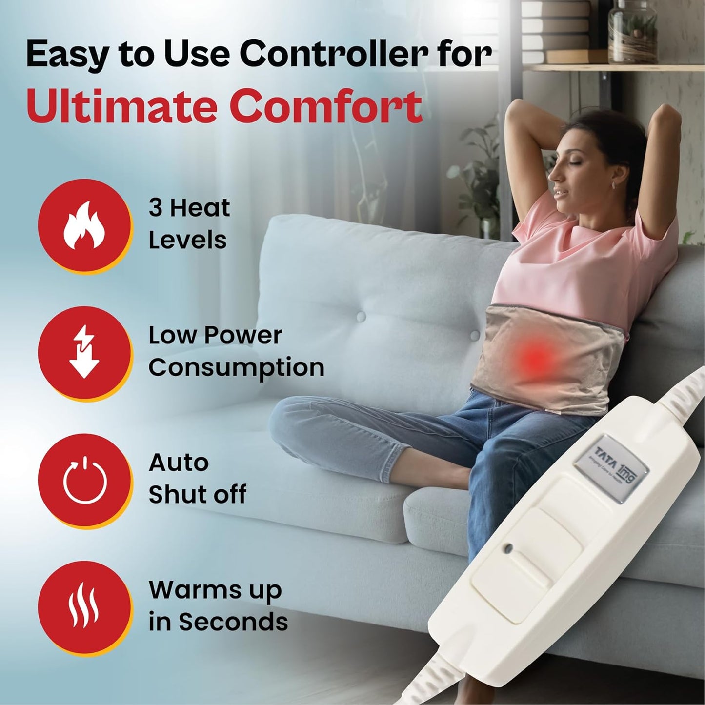 1MG Tata Electric Heating Belt | Heating Pad For Back, Shoulder, Knee, Ankle, Period Pain Relief | 4 Layer Insulation For Safe Usage | 3 Heat Settings | Auto Shut Off | 1 Unit, Grey