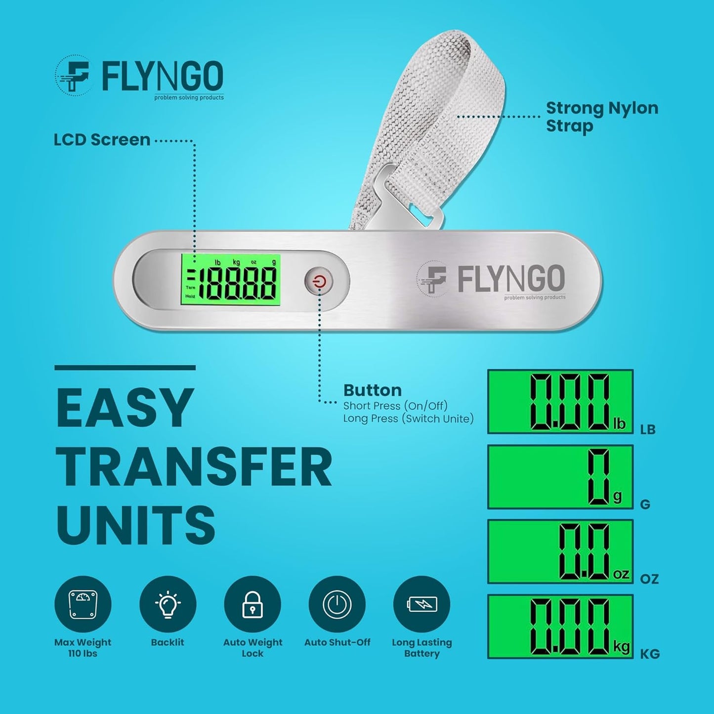 FLYNGO Weight Machine For Luggage Weighing Scale For Luggage Capable Up To 50 Kg With Lcd Display Luggage Scale For Bags, Travel, Flights, Home, Shop, Gas...