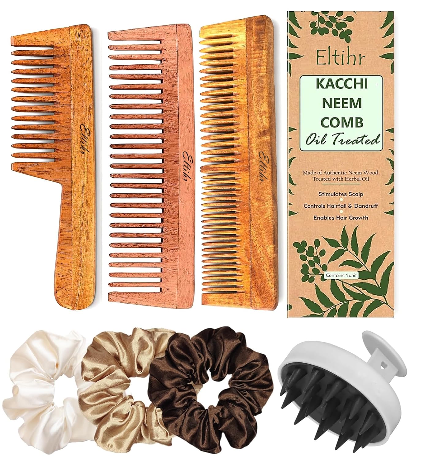 Pack Of 7 Kacchi Neem Comb, Wooden Comb | Hair Growth, Hairfall, Dandruff Control | Hair Straightening, Frizz Control | Comb for Men, Women | Treated with Oil and herbs (All Combo