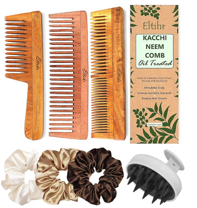 Pack Of 7 Kacchi Neem Comb, Wooden Comb | Hair Growth, Hairfall, Dandruff Control | Hair Straightening, Frizz Control | Comb for Men, Women | Treated with Oil and herbs (All Combo