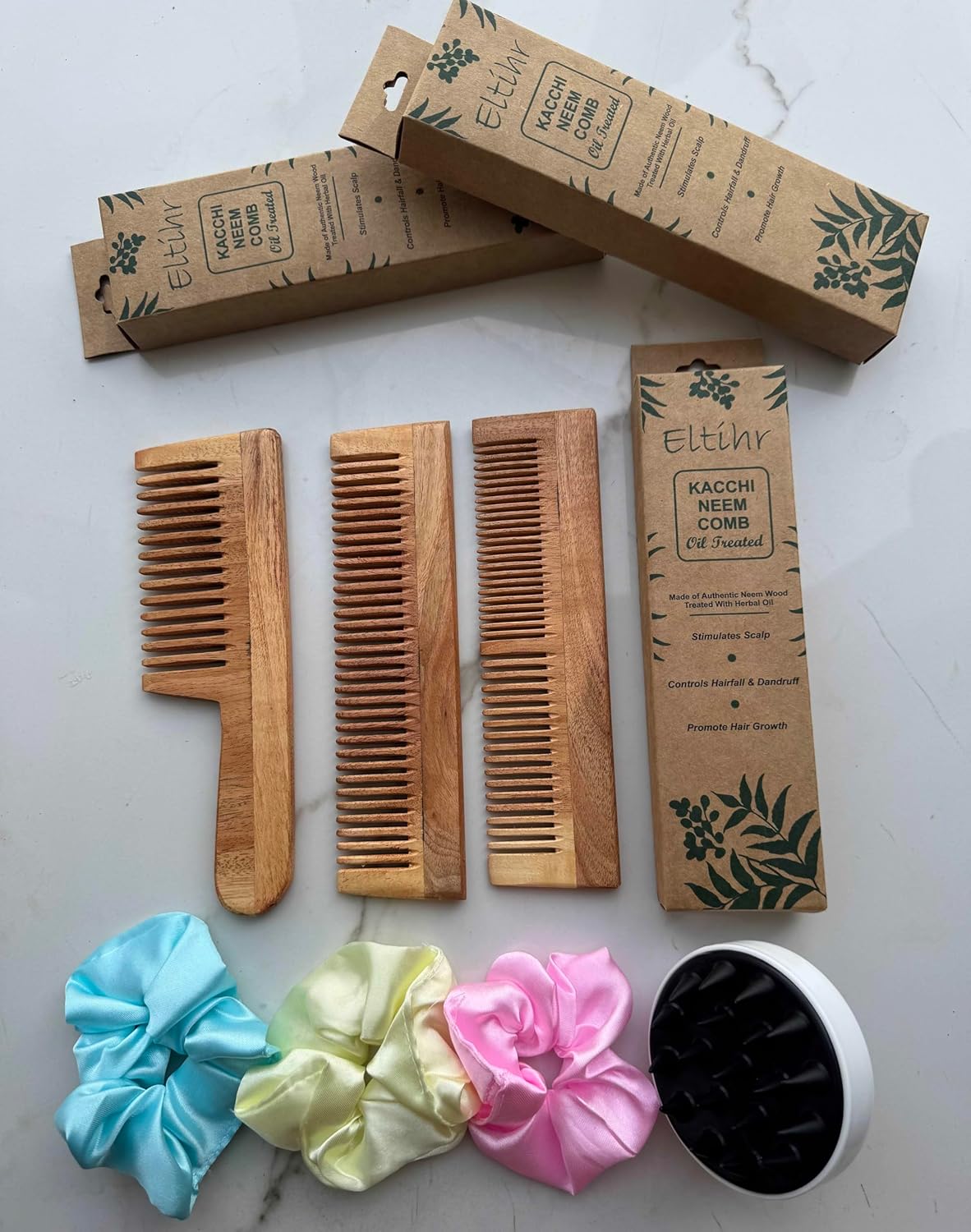 Pack Of 7 Kacchi Neem Comb, Wooden Comb | Hair Growth, Hairfall, Dandruff Control | Hair Straightening, Frizz Control | Comb for Men, Women | Treated with Oil and herbs (All Combo