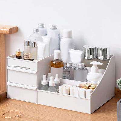 ALOXE Cosmetic Organizer Box Drawers Storage Plastic Stationary Box | Make Up Organiser for Women (White)