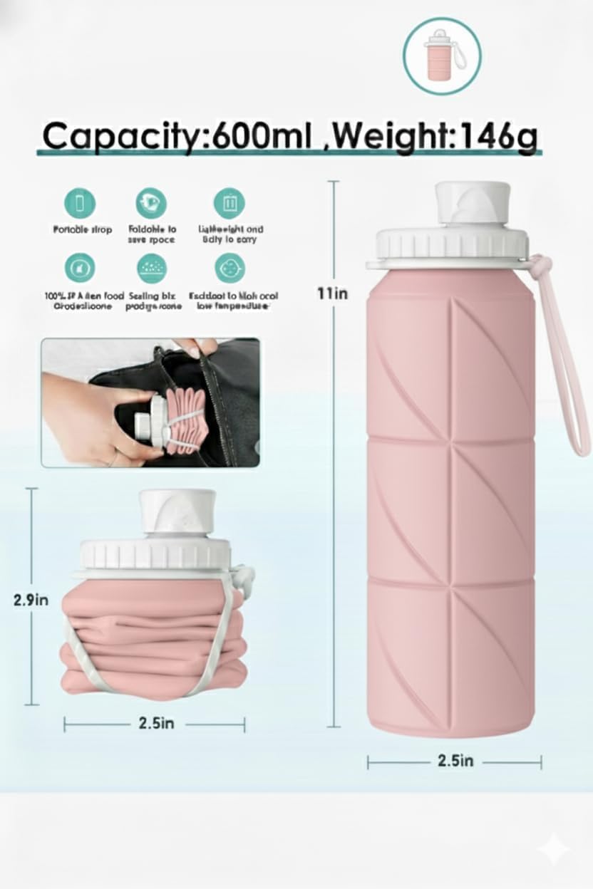 OLESBUR Carpediem Collapsible Silicone Water Bottle Foldable Leak Proof Travel Water Bottle Portable Reusable Bottle for Gym Hiking Camping (PINK)