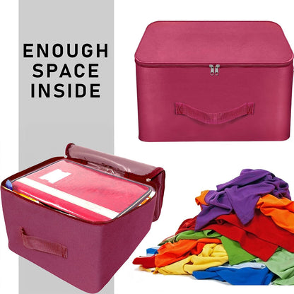 Storite 2 Pack Nylon Wardrobe Bag Underbed Moisture Proof Cloth Storage Organizer, Storage box for Clothes Saree Bags with Zippered Closure & Handle (Magenta, 37x34x23 cm)