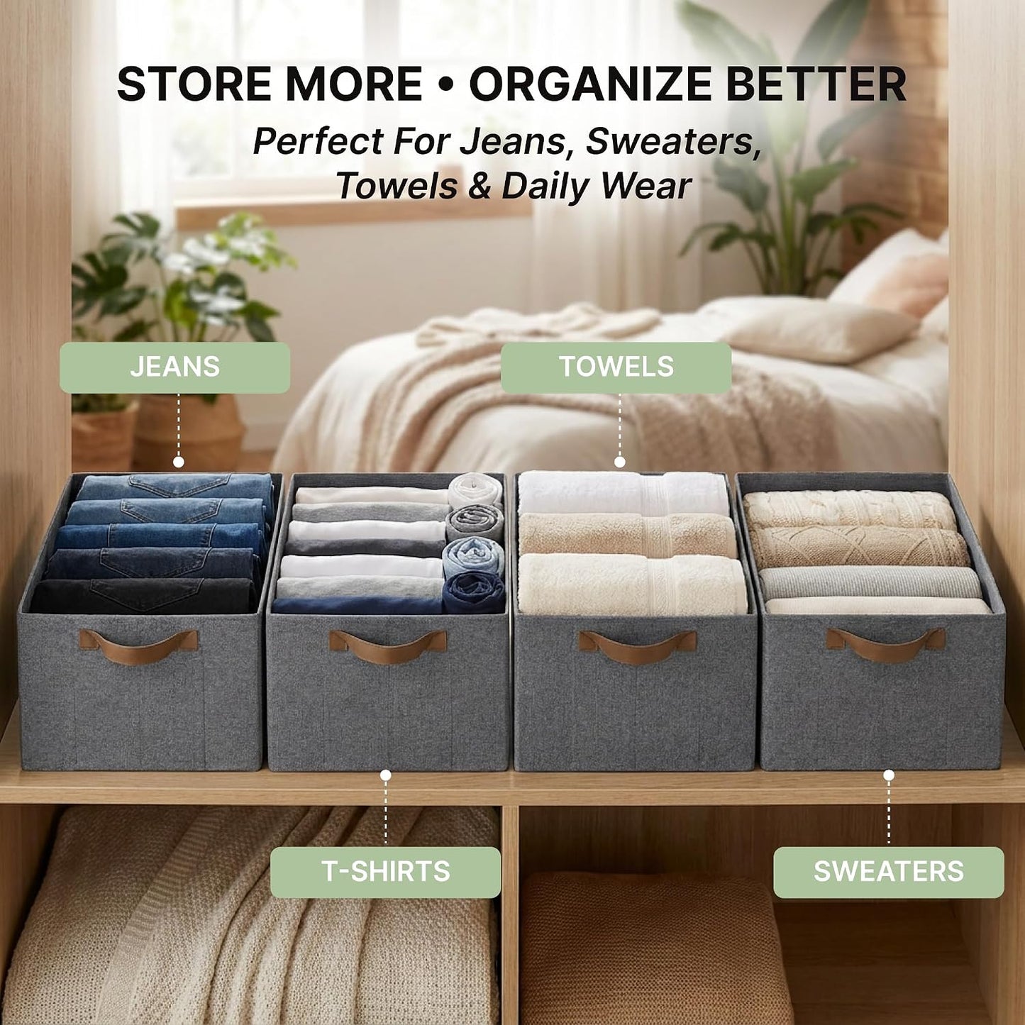 DALUCI 4 Pcs Wardrobe Organizer for Clothes - Foldable Fabric Storage Box with Metal Frame | Storage Basket for Almirah, Cupboard, Jeans & Sweaters