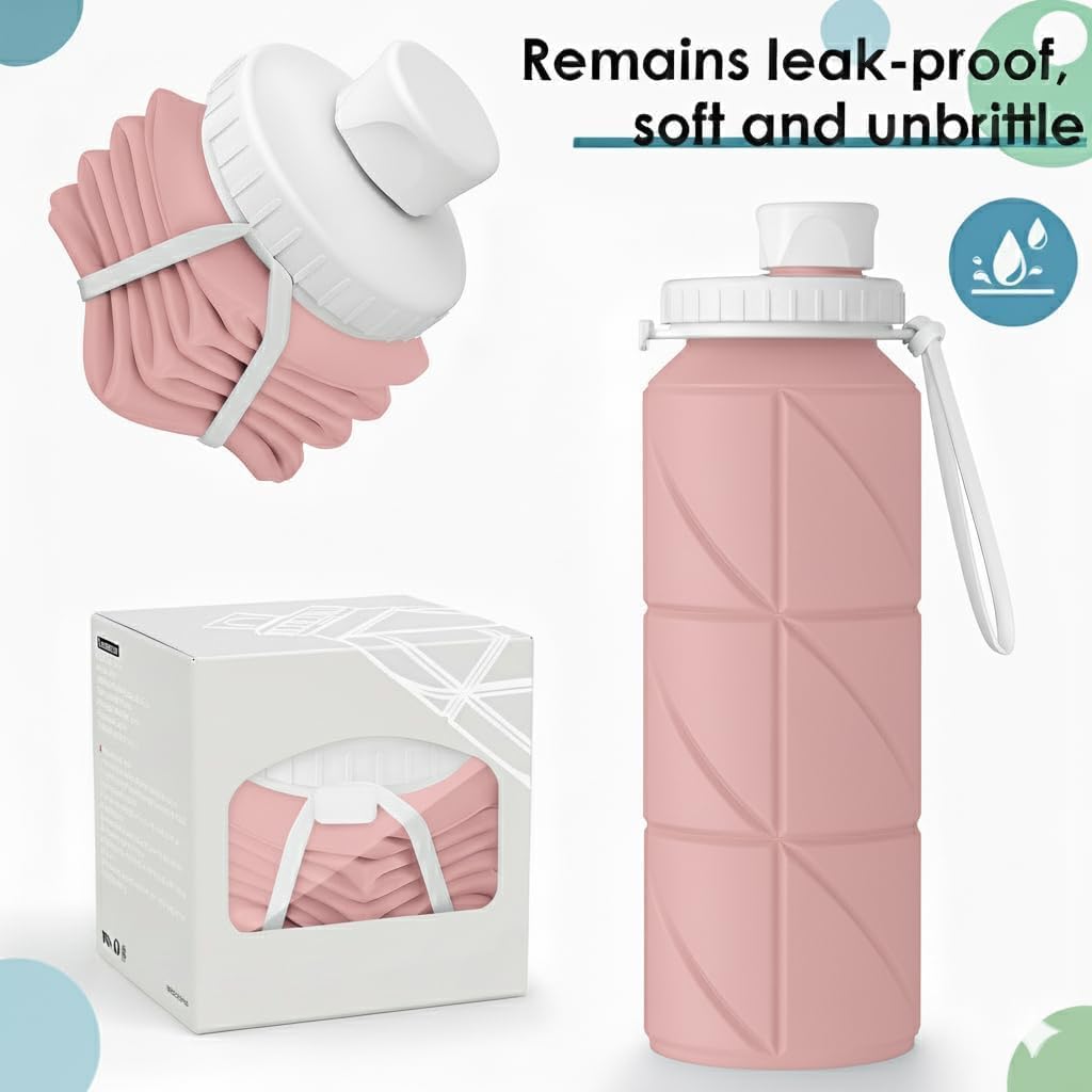 OLESBUR Carpediem Collapsible Silicone Water Bottle Foldable Leak Proof Travel Water Bottle Portable Reusable Bottle for Gym Hiking Camping (PINK)