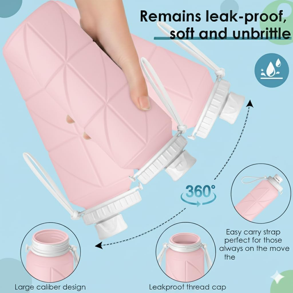 OLESBUR Carpediem Collapsible Silicone Water Bottle Foldable Leak Proof Travel Water Bottle Portable Reusable Bottle for Gym Hiking Camping (PINK)