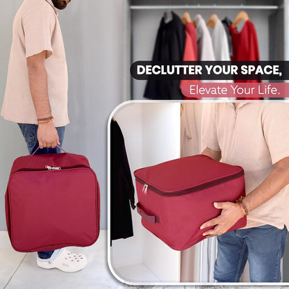 Storite 2 Pack Nylon Wardrobe Bag Underbed Moisture Proof Cloth Storage Organizer, Storage box for Clothes Saree Bags with Zippered Closure & Handle (Magenta, 37x34x23 cm)